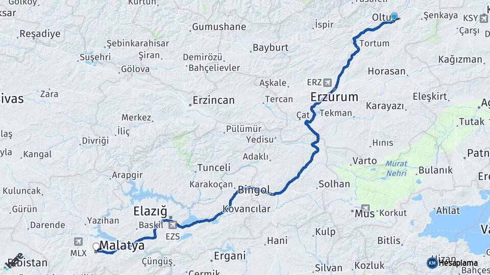 Erzurum Oltu Malatya Arası Kaç Km - Yol Haritası