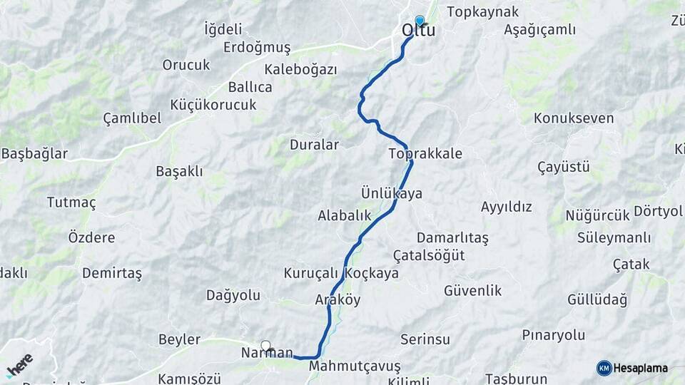 Erzurum Oltu Narman Arası Kaç Km - Yol Haritası