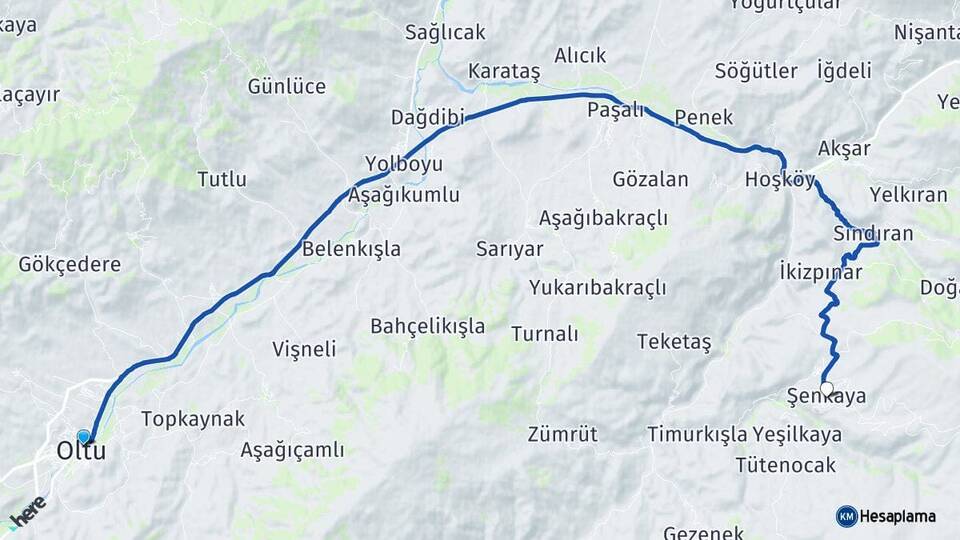 Erzurum Oltu Şenkaya Arası Kaç Km - Yol Haritası