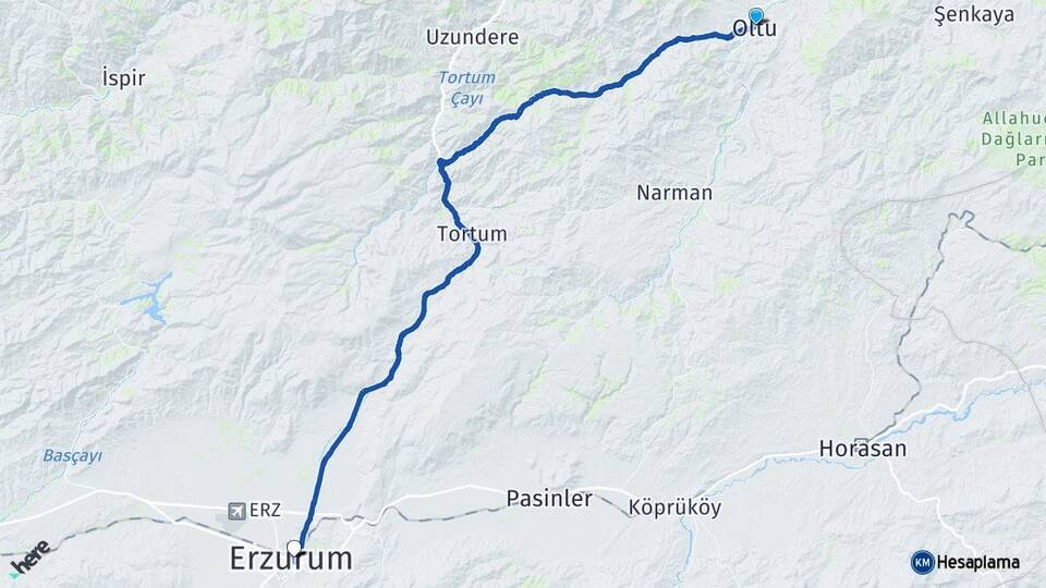 Erzurum Oltu Yakutiye Arası Kaç Km - Yol Haritası