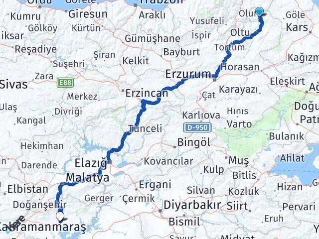 Erzurum Olur Adıyaman Arası Kaç Km - Yol Haritası
