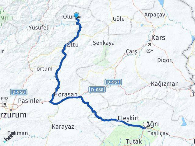 Erzurum Olur Ağrı Arası Kaç Km - Yol Haritası