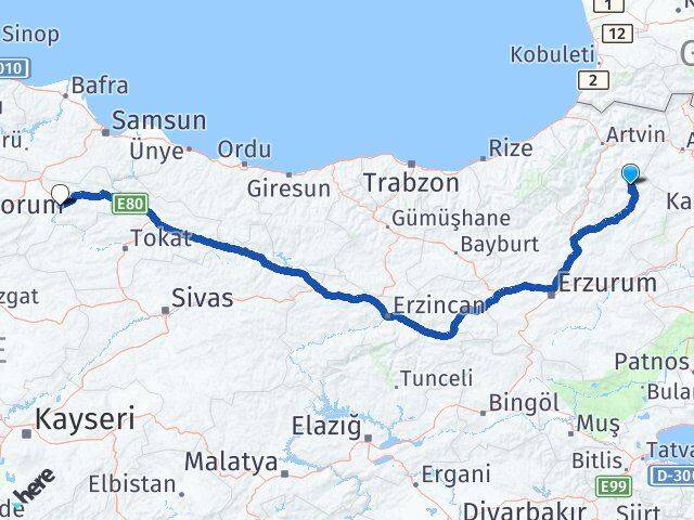 Erzurum Olur Amasya Arası Kaç Km - Yol Haritası