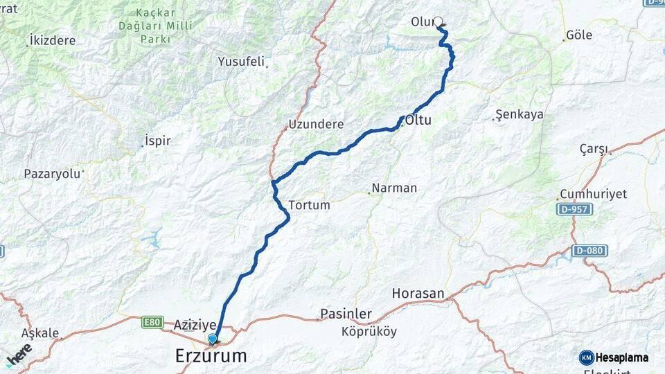 Erzurum Olur Arası Kaç Km - Yol Haritası