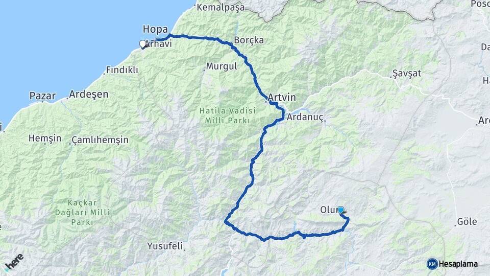 Erzurum Olur Arhavi Artvin Arası Kaç Km - Yol Haritası