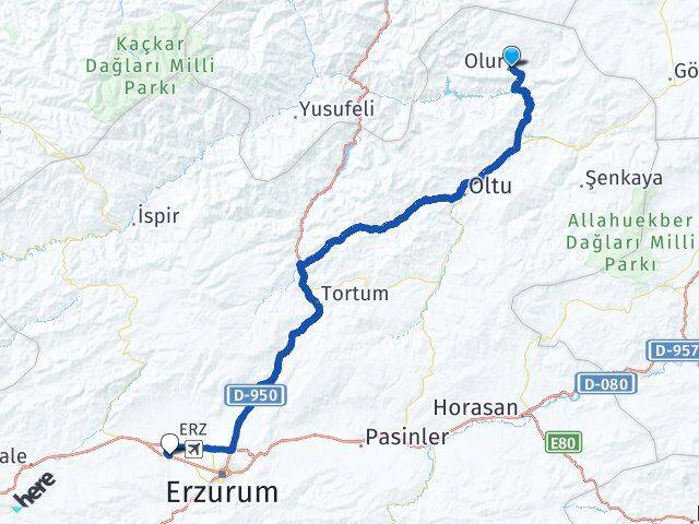 Erzurum Olur Aziziye Arası Kaç Km - Yol Haritası