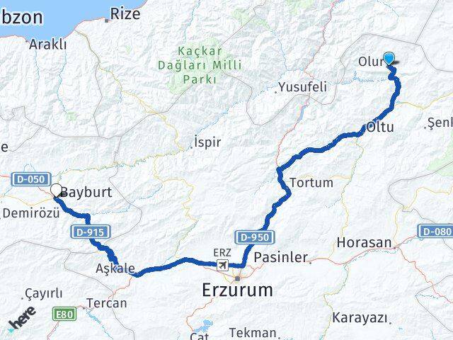 Erzurum Olur Bayburt Arası Kaç Km - Yol Haritası