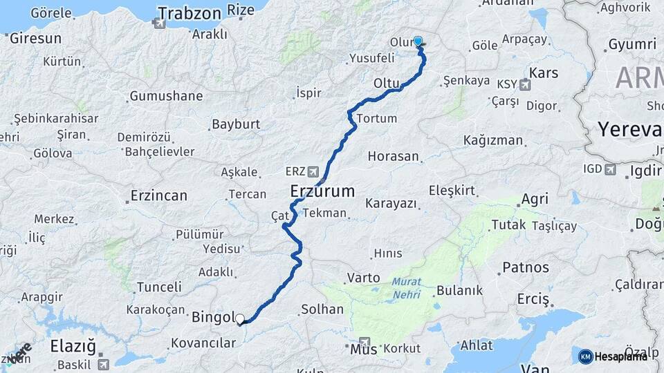 Erzurum Olur Bingöl Arası Kaç Km - Yol Haritası