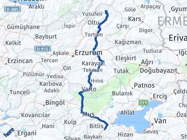 Erzurum Olur Bitlis Arası Kaç Km - Yol Haritası