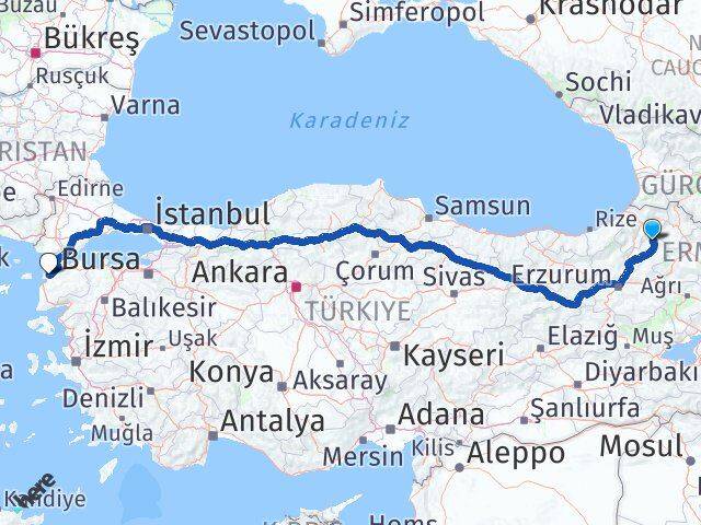 Erzurum Olur Çanakkale Arası Kaç Km - Yol Haritası