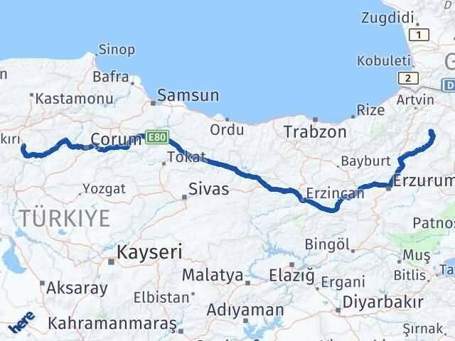 Erzurum Olur Çankırı Arası Kaç Km - Yol Haritası