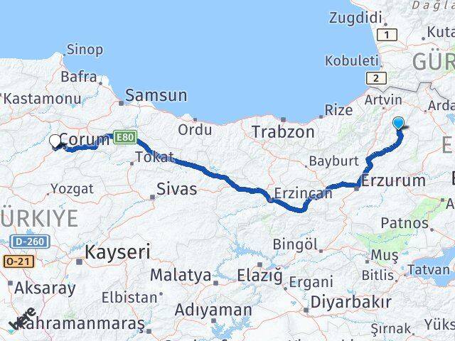 Erzurum Olur Çorum Arası Kaç Km - Yol Haritası
