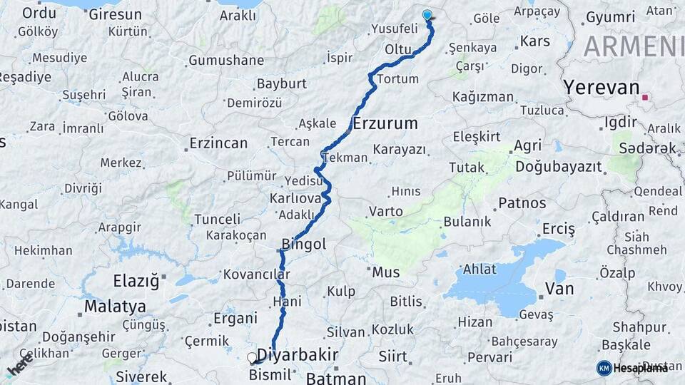 Erzurum Olur Diyarbakır Arası Kaç Km - Yol Haritası