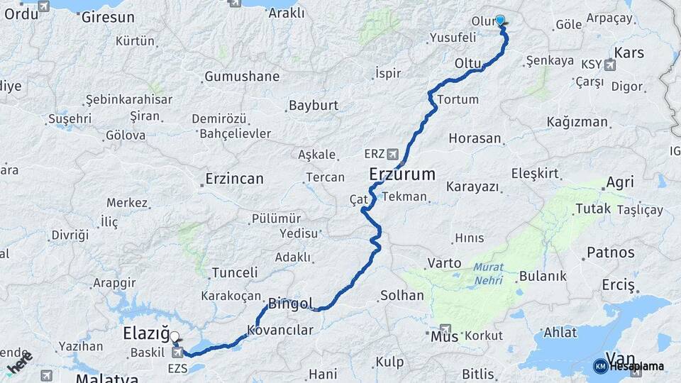 Erzurum Olur Elazığ Arası Kaç Km - Yol Haritası