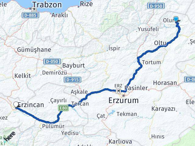 Erzurum Olur Erzincan Arası Kaç Km - Yol Haritası