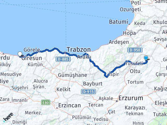 Erzurum Olur Giresun Arası Kaç Km - Yol Haritası