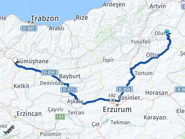 Erzurum Olur Gümüşhane Arası Kaç Km - Yol Haritası