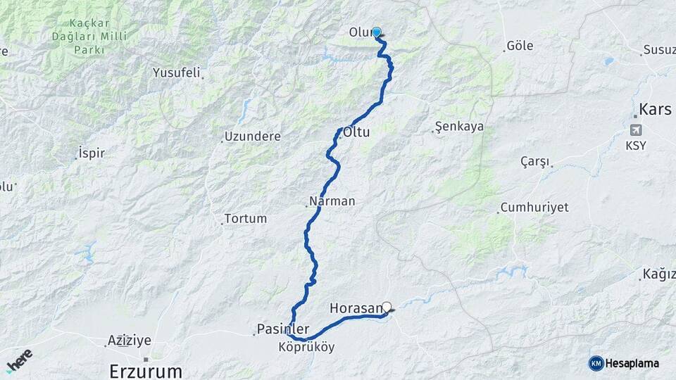 Erzurum Olur Horasan Arası Kaç Km - Yol Haritası