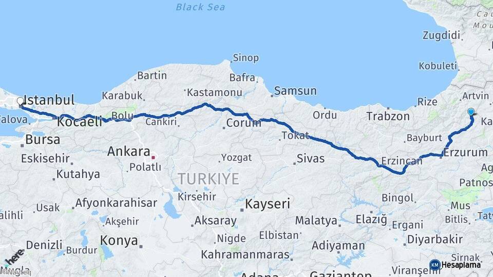 Erzurum Olur İstanbul Arası Kaç Km - Yol Haritası
