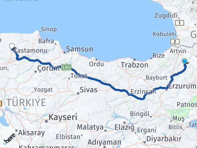 Erzurum Olur Kastamonu Arası Kaç Km - Yol Haritası