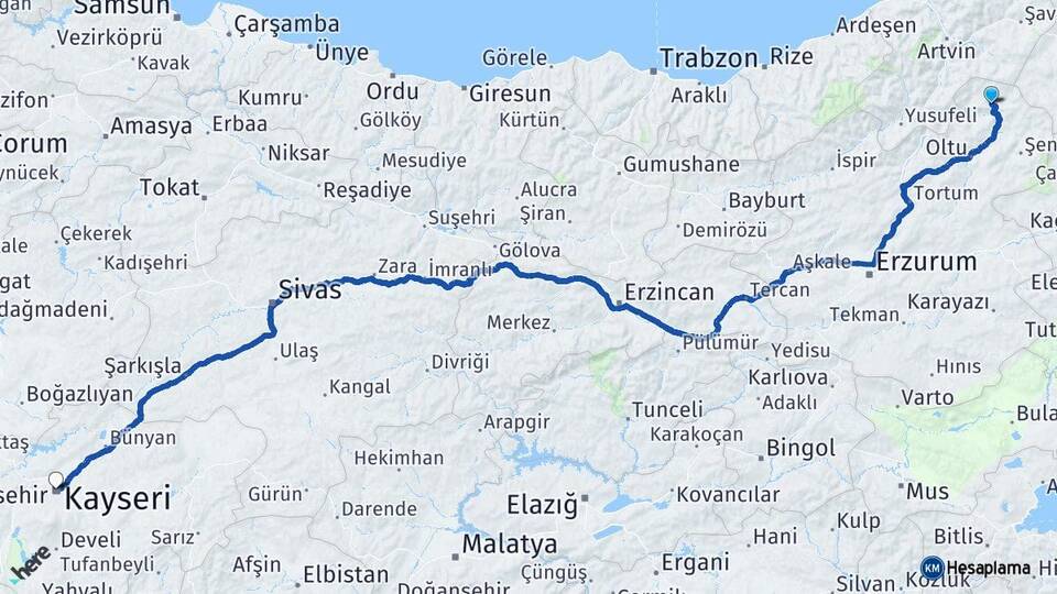 Erzurum Olur Kayseri Arası Kaç Km - Yol Haritası