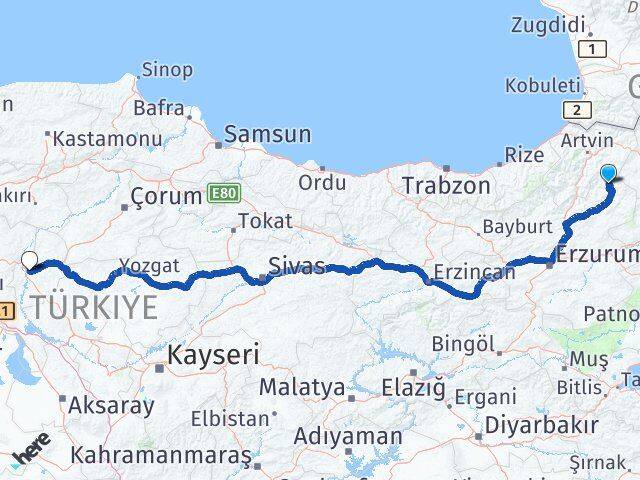 Erzurum Olur Kırıkkale Arası Kaç Km - Yol Haritası