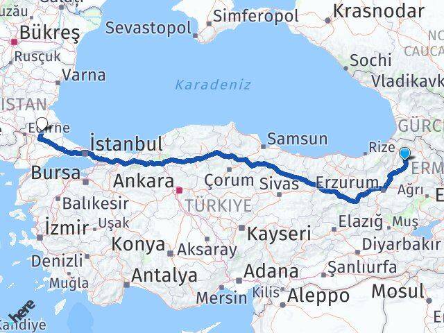 Erzurum Olur Kırklareli Arası Kaç Km - Yol Haritası