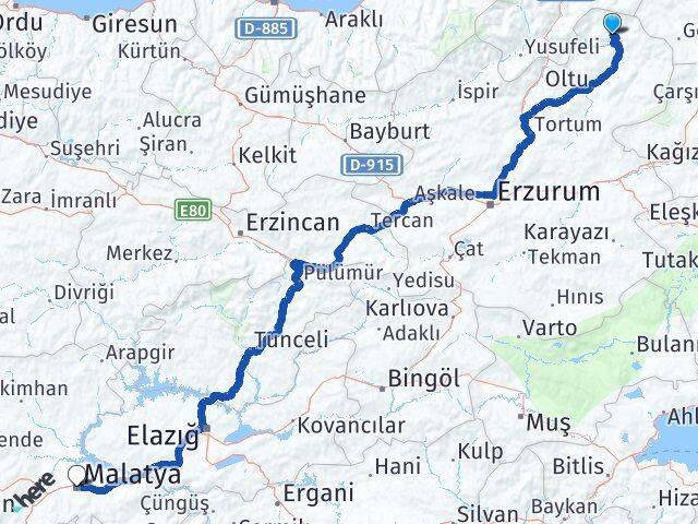 Erzurum Olur Malatya Arası Kaç Km - Yol Haritası
