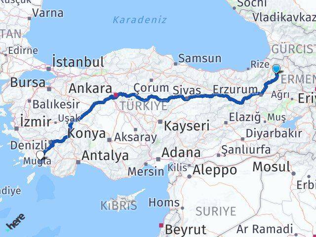 Erzurum Olur Muğla Arası Kaç Km - Yol Haritası