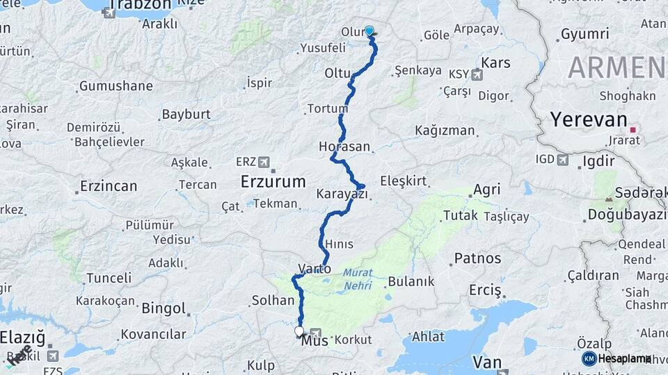 Erzurum Olur Muş Arası Kaç Km - Yol Haritası
