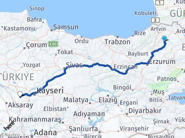 Erzurum Olur Nevşehir Arası Kaç Km - Yol Haritası