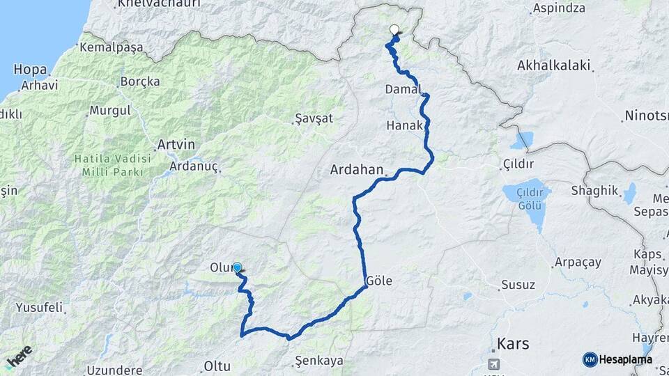 Erzurum Olur Posof Ardahan Arası Kaç Km - Yol Haritası