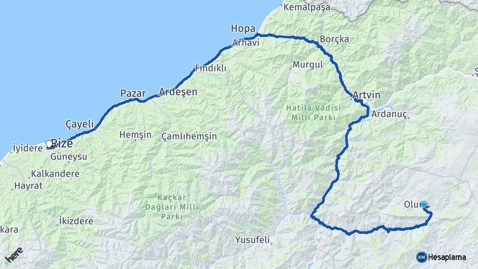 Erzurum Olur Rize Arası Kaç Km - Yol Haritası