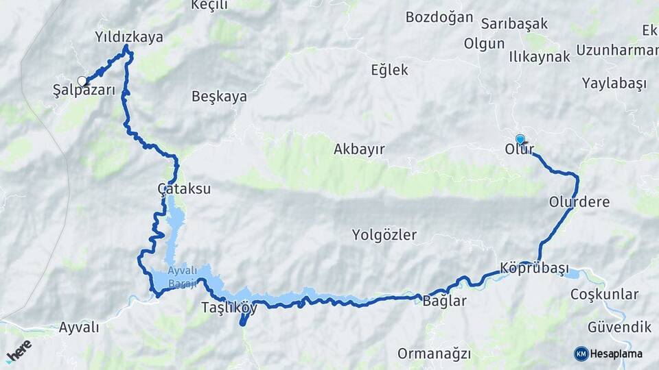 Erzurum Olur Şalpazarı Olur Arası Kaç Km - Yol Haritası