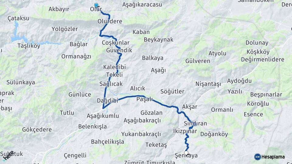 Erzurum Olur Şenkaya Arası Kaç Km - Yol Haritası