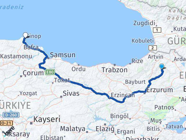 Erzurum Olur Sinop Arası Kaç Km - Yol Haritası