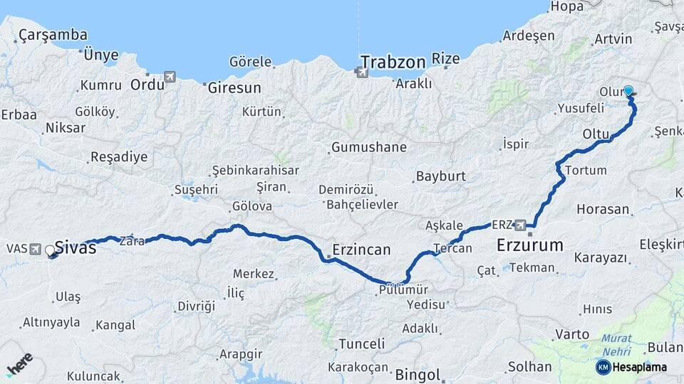 Erzurum Olur Sivas Arası Kaç Km - Yol Haritası
