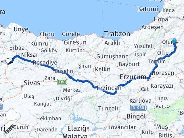 Erzurum Olur Tokat Arası Kaç Km - Yol Haritası