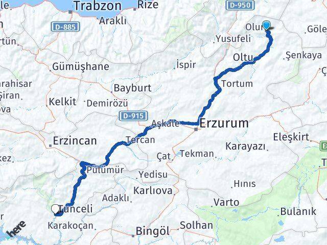 Erzurum Olur Tunceli Arası Kaç Km - Yol Haritası