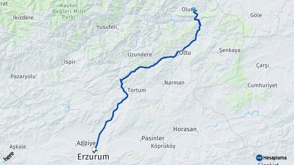 Erzurum Olur Yakutiye Arası Kaç Km - Yol Haritası