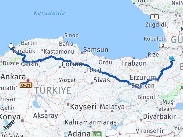 Erzurum Olur Zonguldak Arası Kaç Km - Yol Haritası
