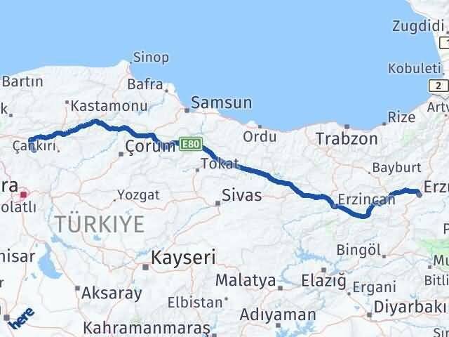 Erzurum Orta Çankırı Arası Kaç Km - Yol Haritası