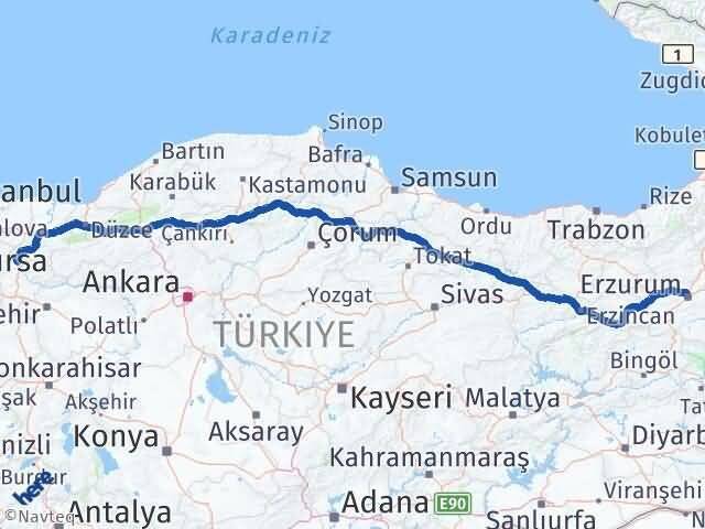 Erzurum Osmaneli Bilecik Arası Kaç Km - Yol Haritası
