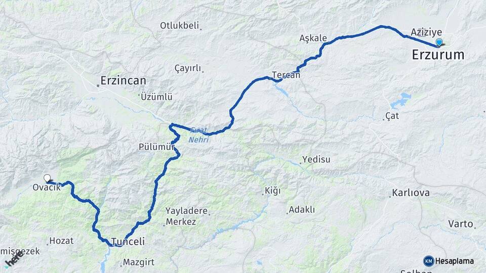 Erzurum Ovacık Tunceli Arası Kaç Km - Yol Haritası