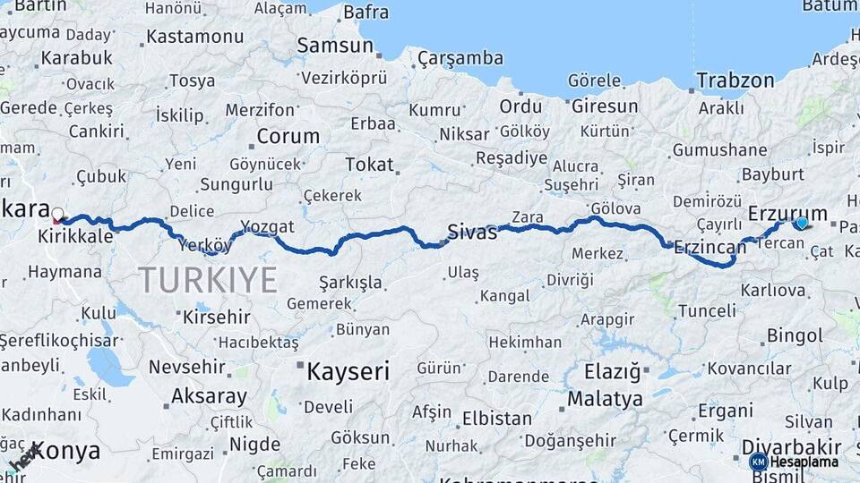 Erzurum Palandöken Ankara Arası Kaç Km - Yol Haritası