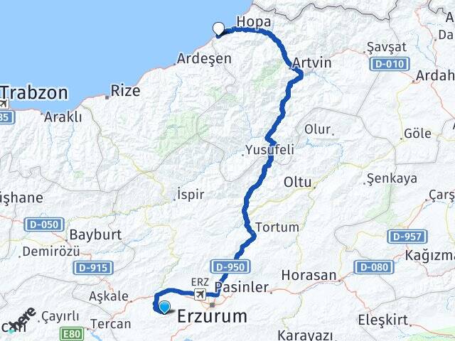 Erzurum Palandöken Arhavi Artvin Arası Kaç Km - Yol Haritası