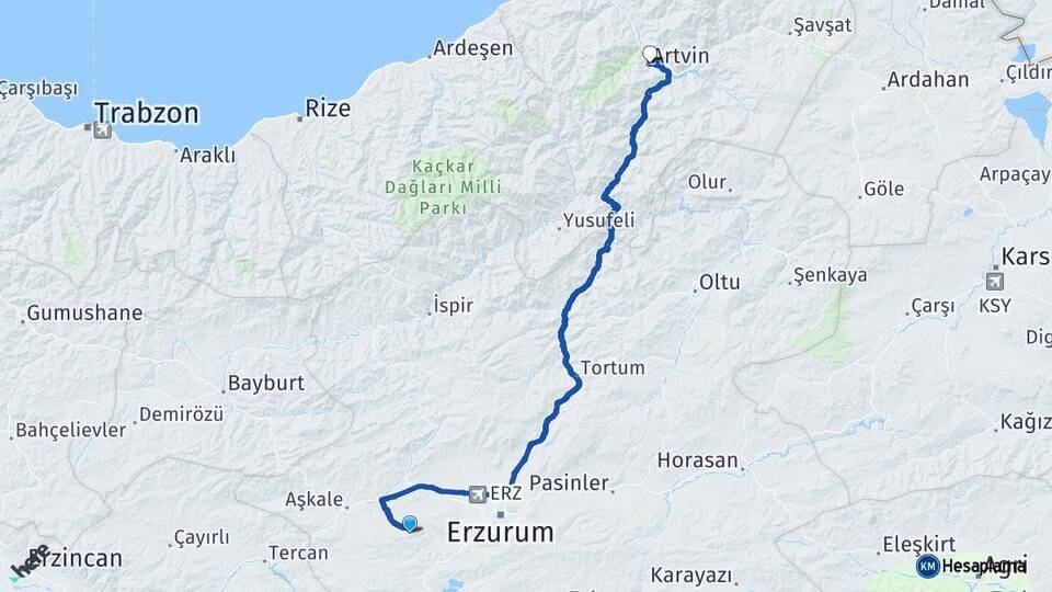 Erzurum Palandöken Artvin Arası Kaç Km - Yol Haritası
