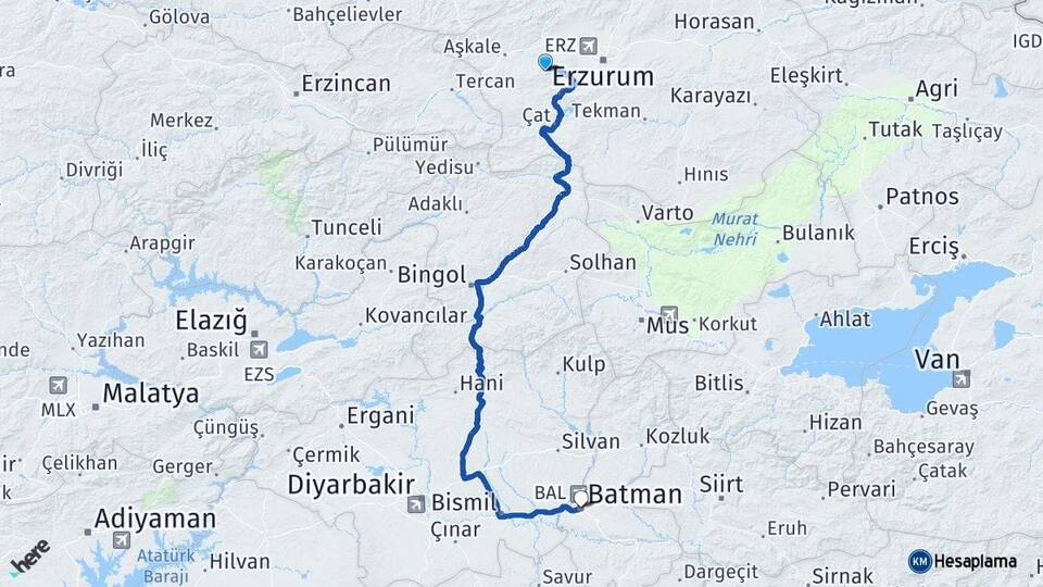 Erzurum Palandöken Batman Arası Kaç Km - Yol Haritası