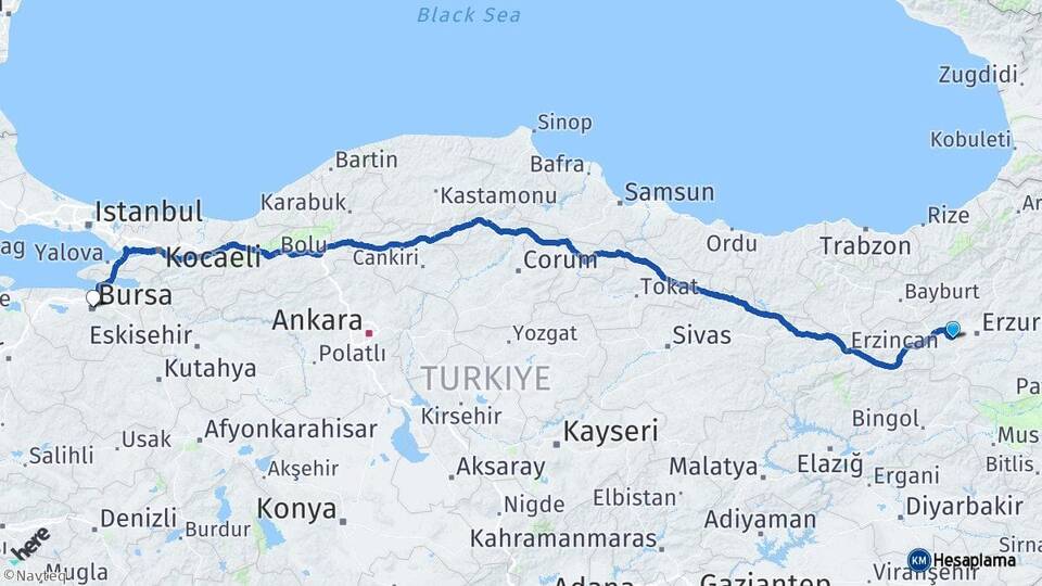 Erzurum Palandöken Bursa Arası Kaç Km - Yol Haritası