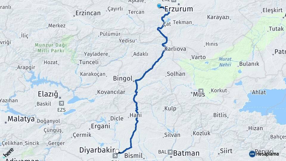 Erzurum Palandöken Diyarbakır Arası Kaç Km - Yol Haritası
